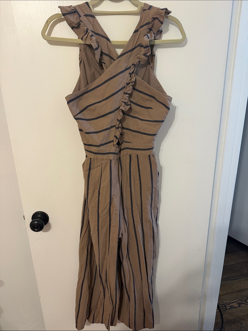 Current Air Small Brown and Black Striped Ruffle Criss Cross Jumpsuit